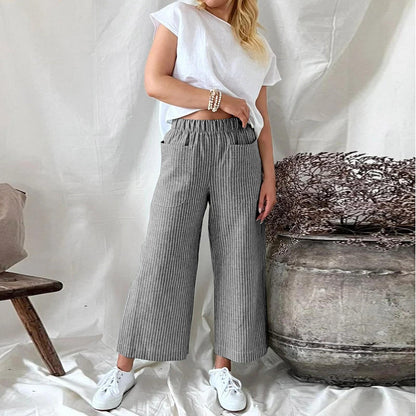 Pantalon Lin Femme Décontracté Rayures Mode