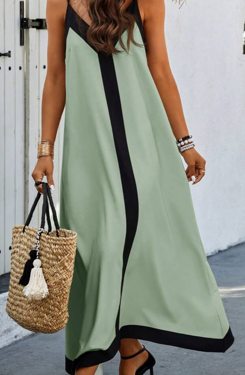 Robe Maxi Col V Décontractée avec Détails Contrastes