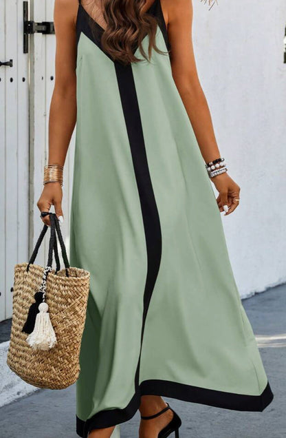 Robe Maxi Col V Décontractée avec Détails Contrastes