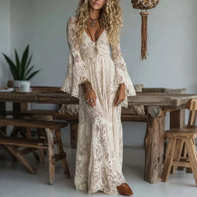 Robe longue Femme Dentelle Vintage Manches évasées