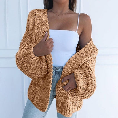 Gilet femme chaud hiver en tricot beige manches longues - PanierRoyale