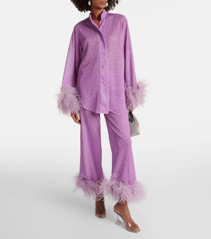 Robe Femme Chic au Col En Plumes avec Manches Bouffantes