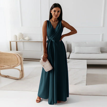 Robe Longue Femme Élégante en Soie avec Encolure en V