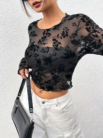 Robe femme élégante noire à imprimé floral manches longues