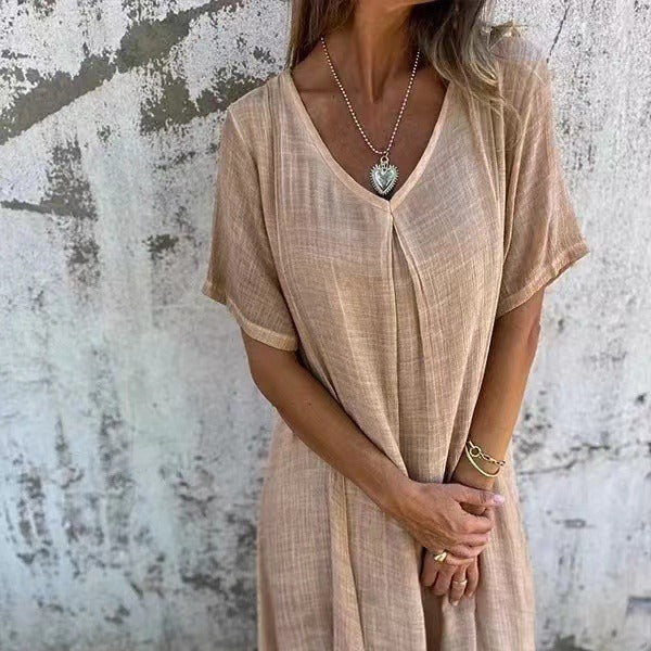 Robe Femme Coton Lin Col V Manches Courtes Coupe Ample