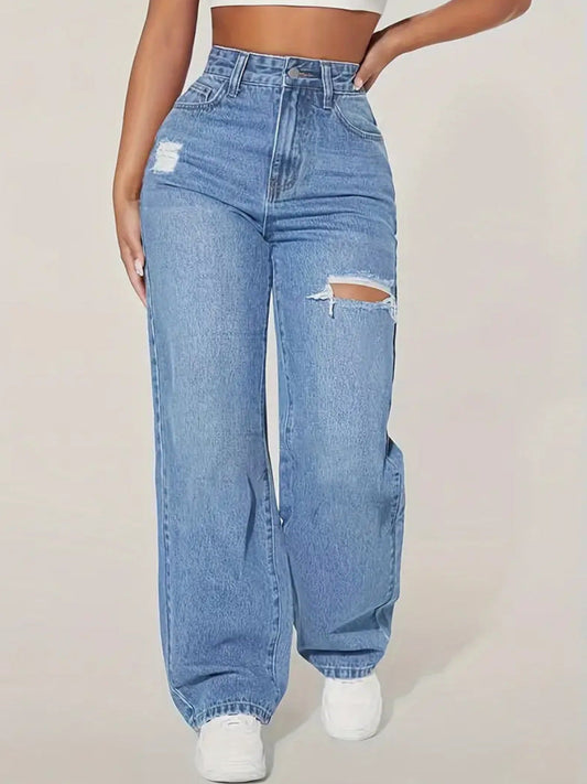 Jeans haute taille déchirés jambe droite style décontracté - BerlinGlamour