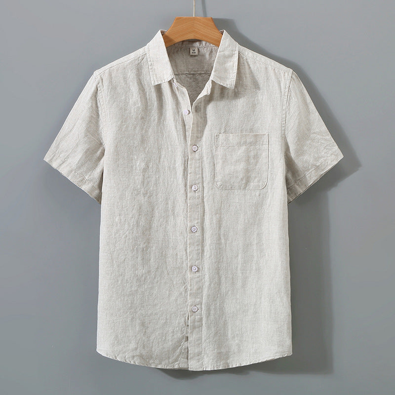 Chemise Homme Lin Coton Court Manches avec Poche Poitrine