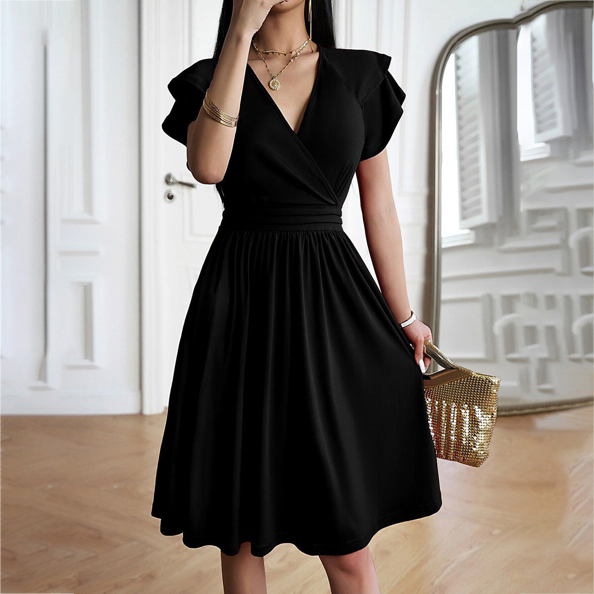 Robe Femme Élégante Mi-Longue Col en V Polyvalente