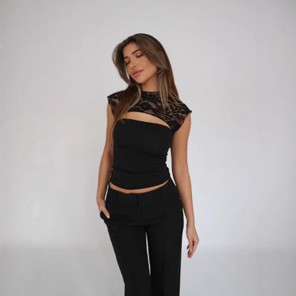 Blouse Femme Été - Top Dentelle Ajusté Manches Courtes