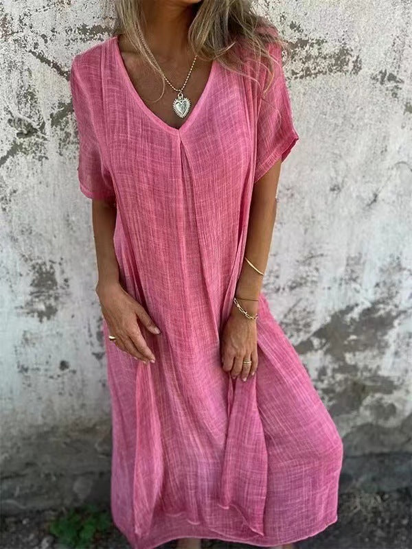 Robe été Femme Coton Lin Ample Col en V