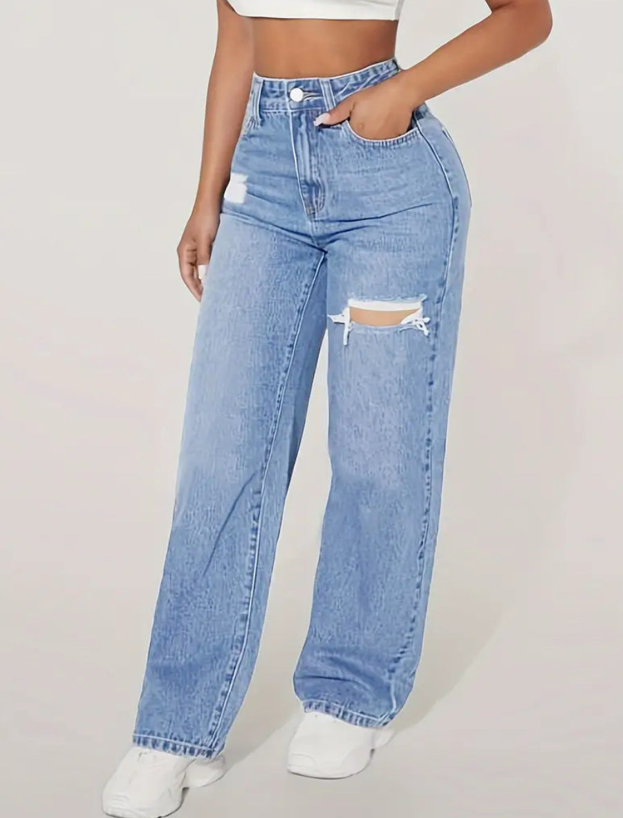 Jeans haute taille déchirés jambe droite style décontracté