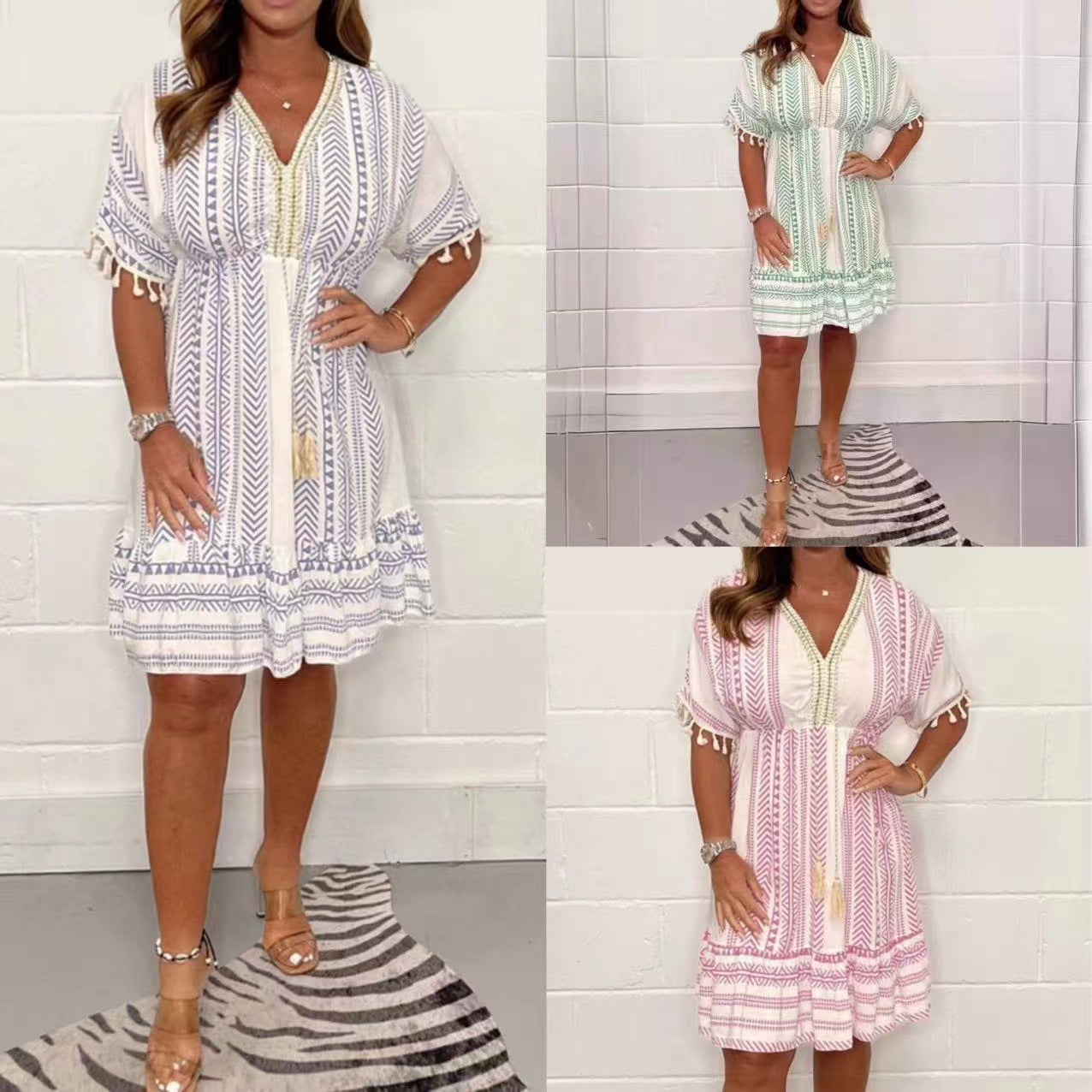 Robe Femme Imprimée Coton Col en V Manches Courtes