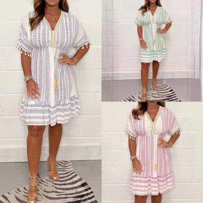 Robe Femme Imprimée Coton Col en V Manches Courtes