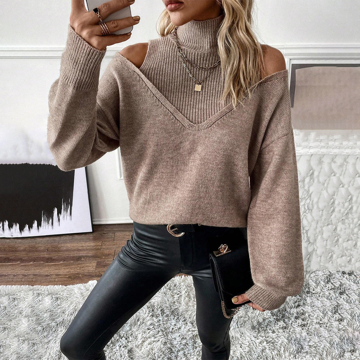Pull Off-Shoulder Col Roulé Femme Tricot Doux - BerlinGlamour