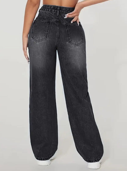 Jeans haute taille déchirés jambe droite style décontracté