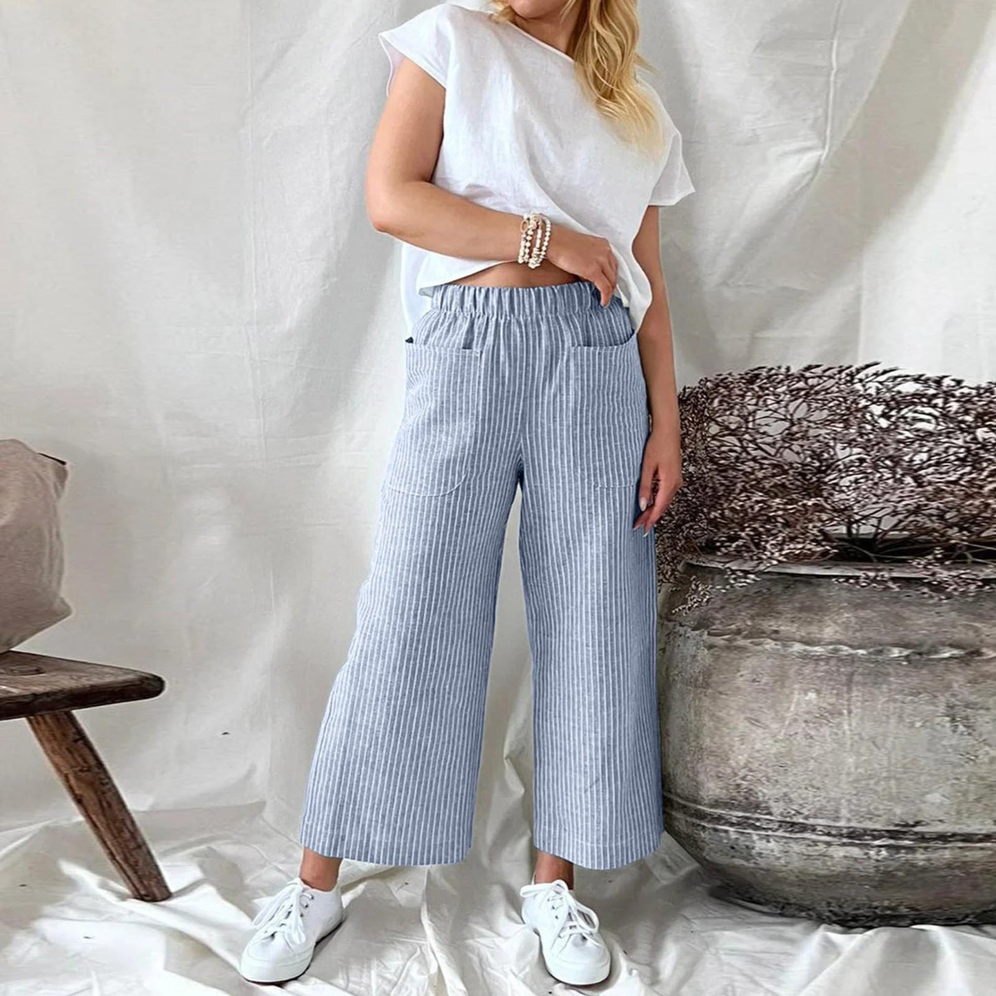Pantalon Lin Femme Décontracté Rayures Mode