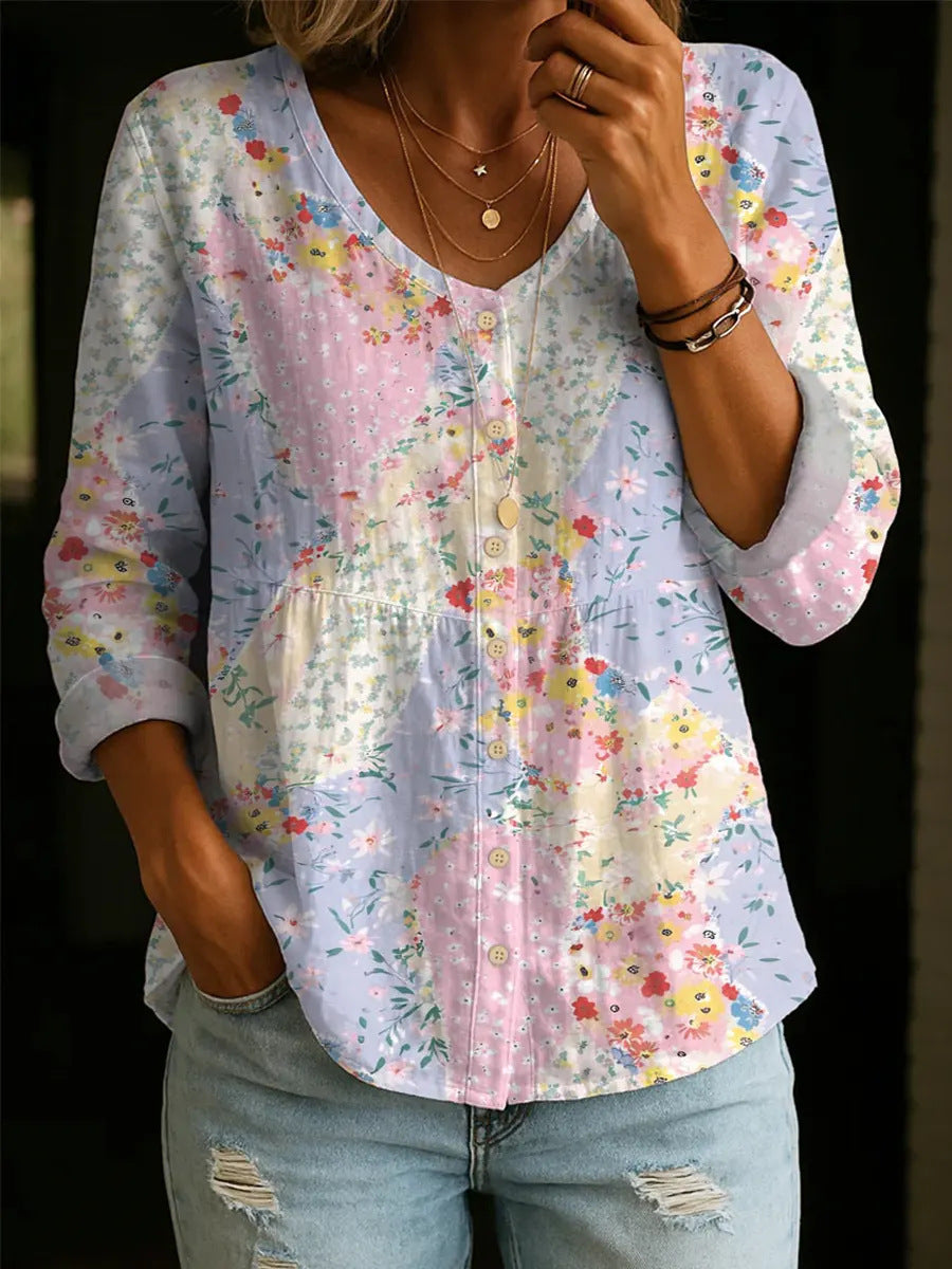 Blouse Femme Patchwork Floral Col V Boutonnée Coupe Fluide - PanierRoyale