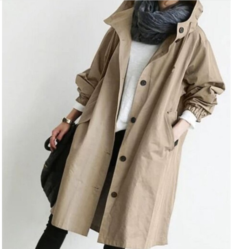 Veste Imperméable Longue Capuche Femme avec Fermeture Éclair
