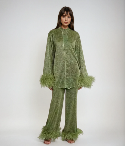 Robe Femme Chic au Col En Plumes avec Manches Bouffantes