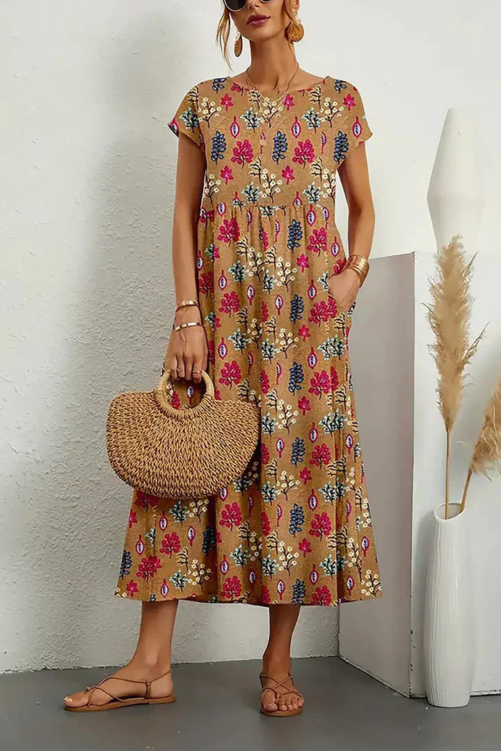 Robe Été Femme Décolletée – Robe Légère à Col Rond avec Imprimé Floral
