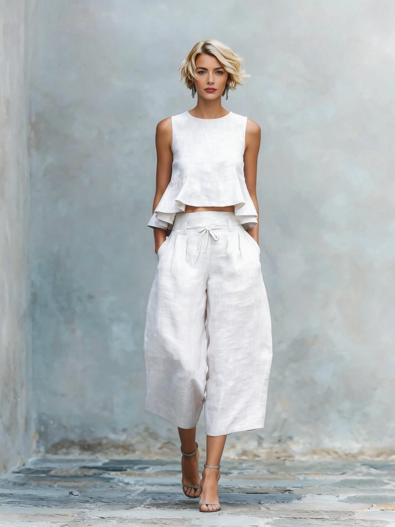 Ensemble Femme Haut Volanté et Pantalon Large Coupe Ample