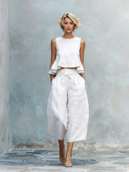 Ensemble Femme Haut Volanté et Pantalon Large Coupe Ample
