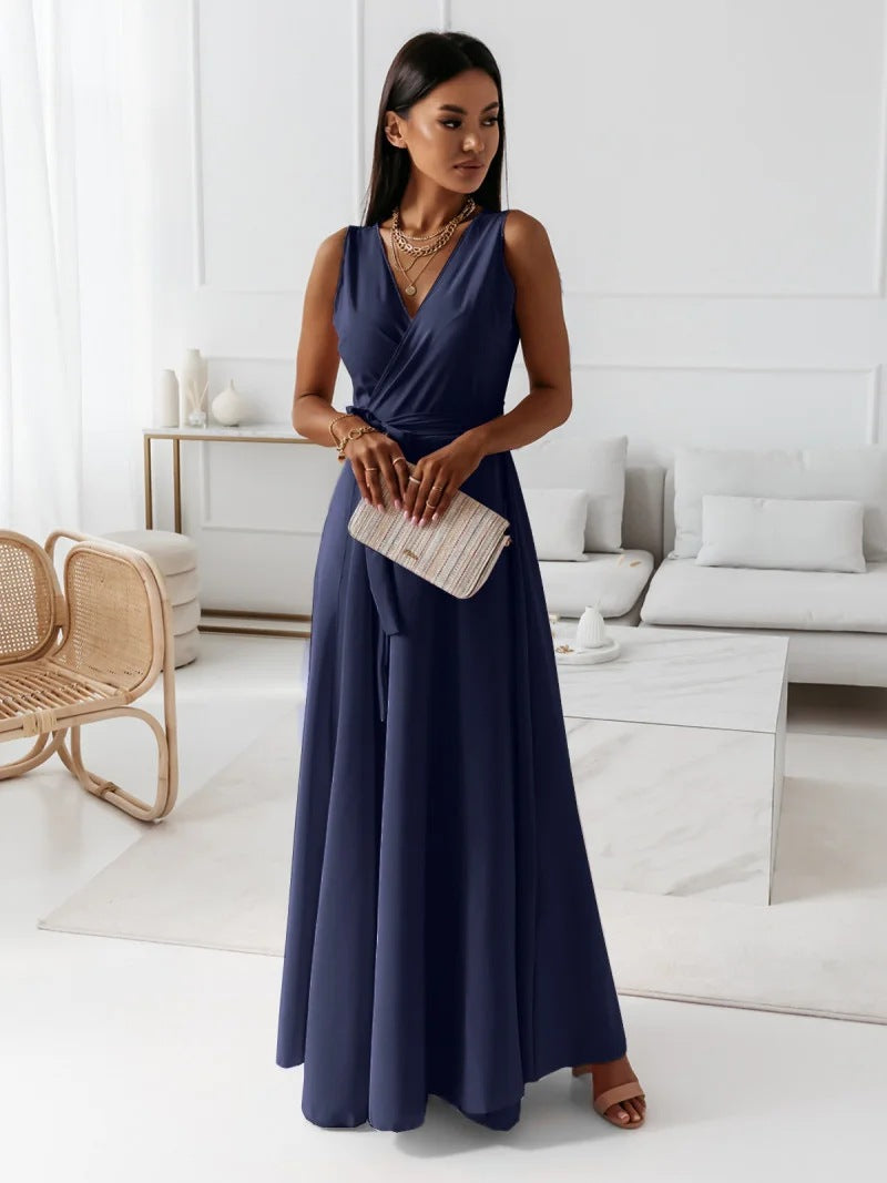 Robe Femme Col en V Élégante Taille Midi