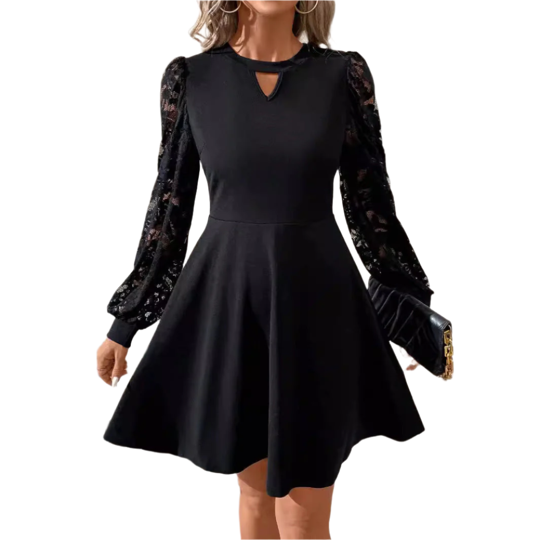 Robe Noire Élégante en Dentelle avec Col Rond - PanierRoyale