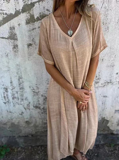 Robe Femme Coton Lin Col V Manches Courtes Coupe Ample