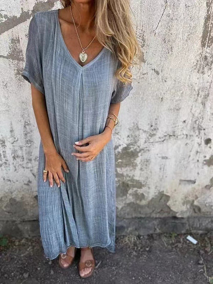 Robe été Femme Coton Lin Ample Col en V