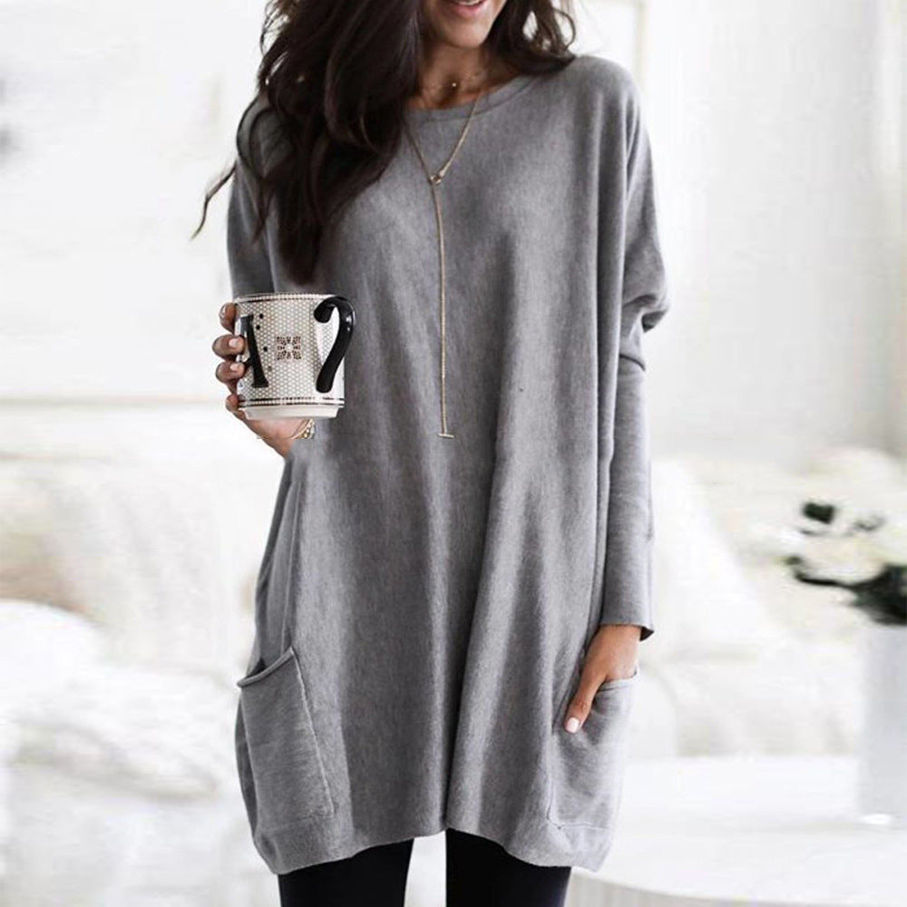Robe Féminine Noire Manches Longues avec Poches Élégante