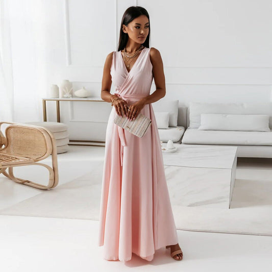 Robe Longue Femme Élégante en Soie avec Encolure en V - PanierRoyale