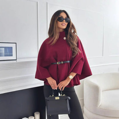 Cape en Laine Élégante avec Ceinture et Fermeture à Boutons