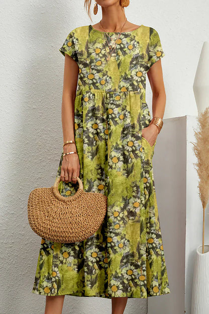 Robe Été Femme Décolletée – Robe Légère à Col Rond avec Imprimé Floral - PanierRoyale