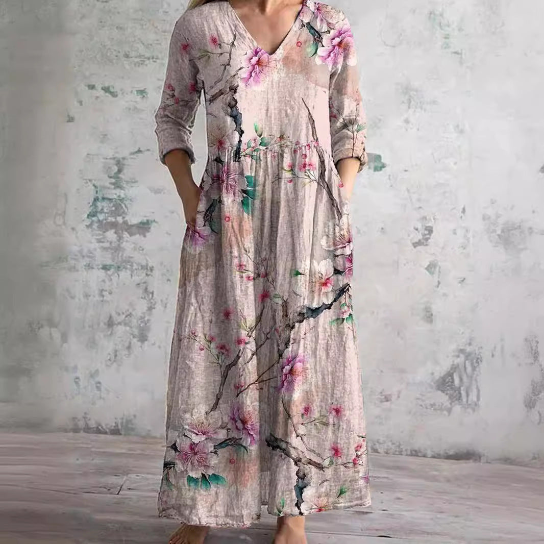 Robe Fleuri Élégante pour Femme Col en V