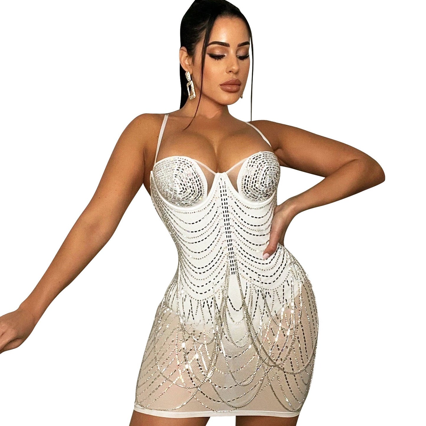 Robe de Soirée Courte en Mesh Étoilé et Paillettes