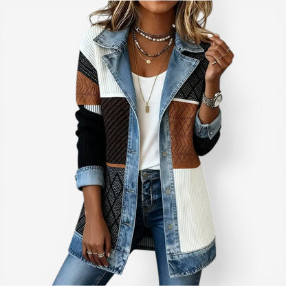 Veste Femme Maille et Denim Effet Superposé Coupe Moderne