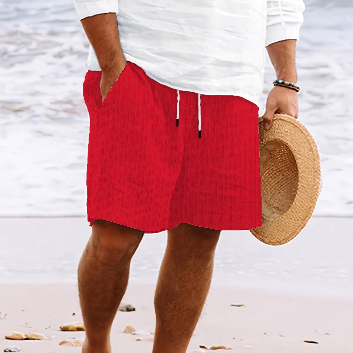 Short de Bain Homme Blanc Rayé Élastique Sport