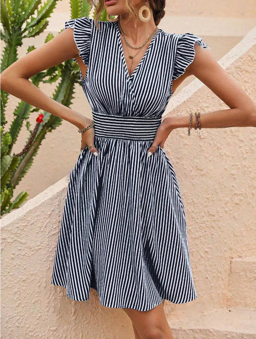 Robe Été Rayée pour Femme avec Manches Bouffantes et Dentelle - PanierRoyale