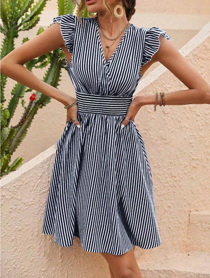Robe Été Rayée pour Femme avec Manches Bouffantes et Dentelle - PanierRoyale