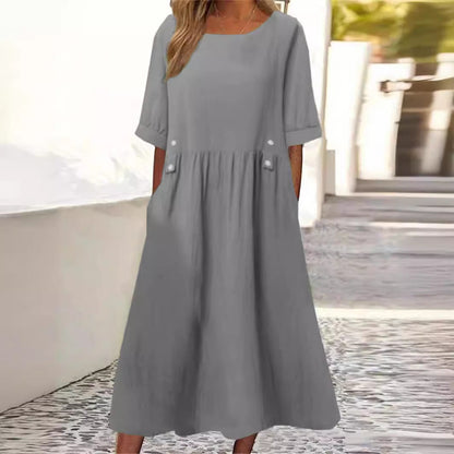 Robe Mi-Longue Femme Coton Lin Col Rond Manches Courtes Coupe Ample