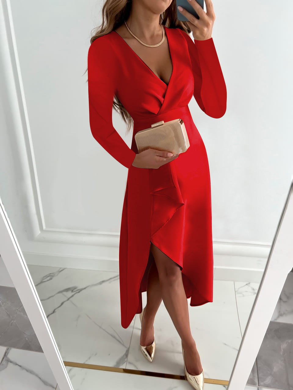 Robe Femme Longue Manches Longues Col en V Chic Élégante