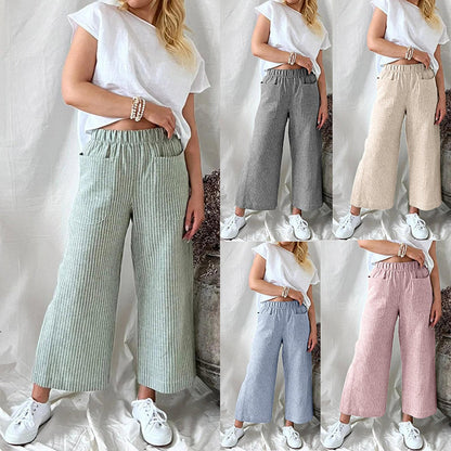 Pantalon Lin Femme Décontracté Rayures Mode - PanierRoyale