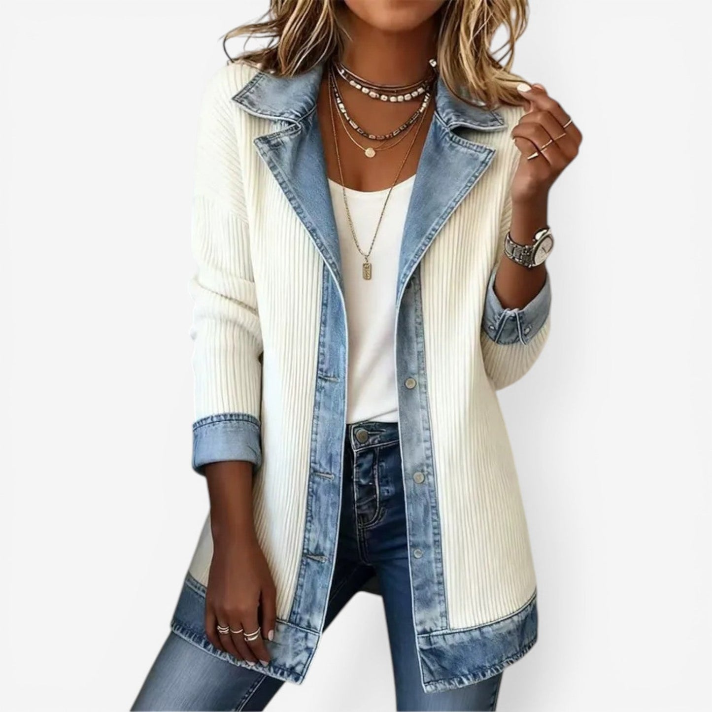 Veste Femme Maille et Denim Effet Superposé Coupe Moderne - PanierRoyale