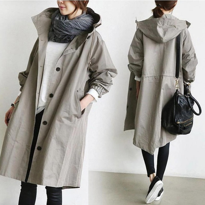 Veste Imperméable Longue Capuche Femme avec Fermeture Éclair