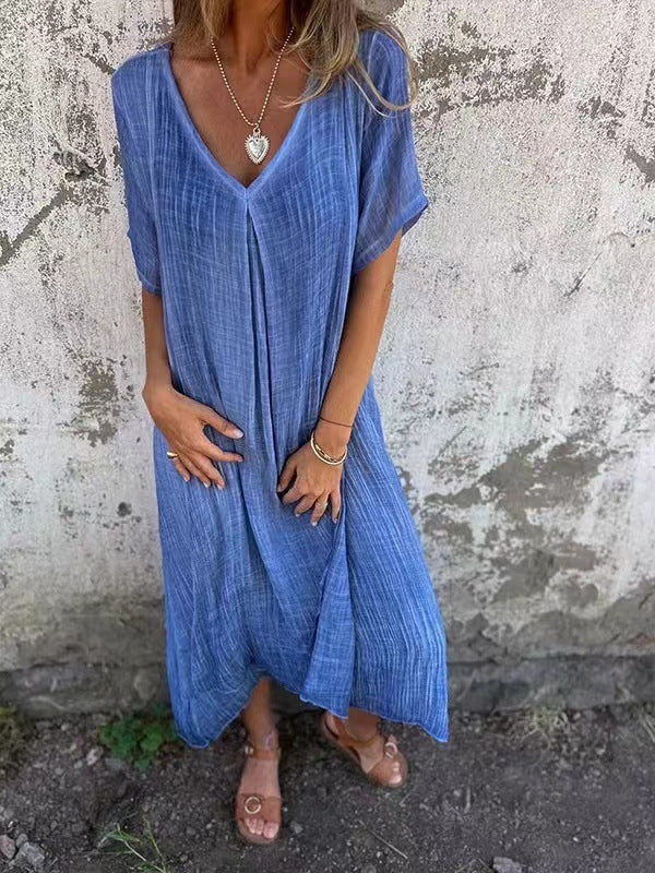 Robe Femme Coton Lin Col V Manches Courtes Coupe Ample