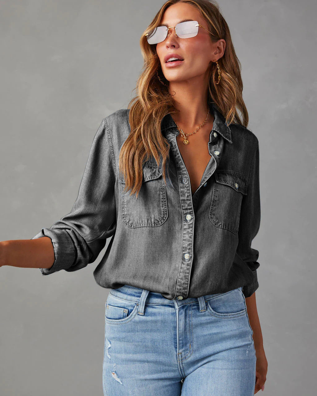 Chemise Jeans Femme Décontractée avec Poches