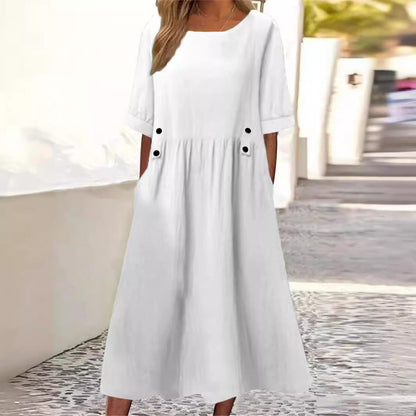 Robe Mi-Longue Femme Coton Lin Col Rond Manches Courtes Coupe Ample