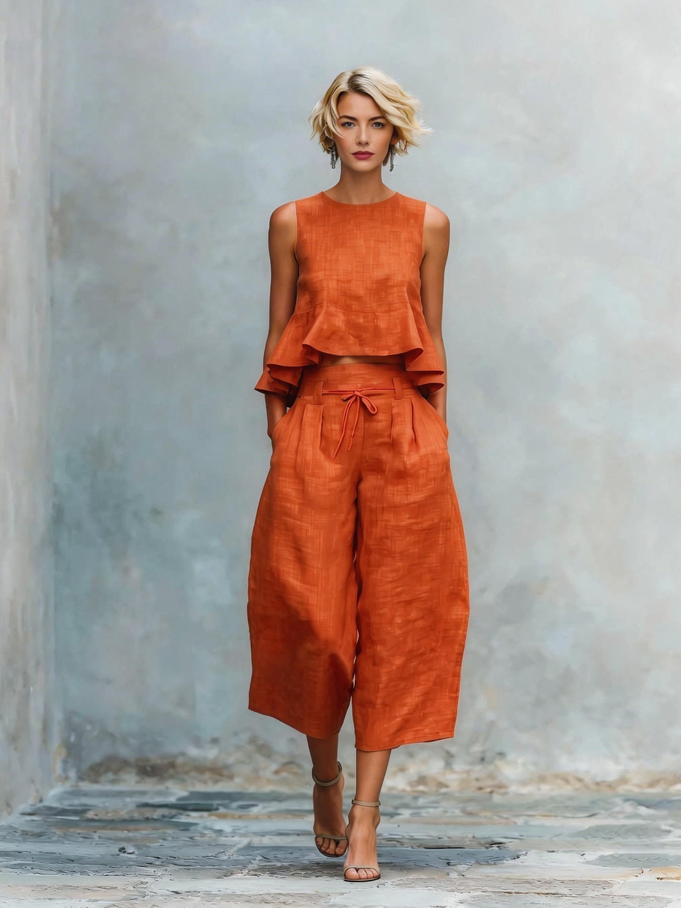 Ensemble Femme Haut Volanté et Pantalon Large Coupe Ample