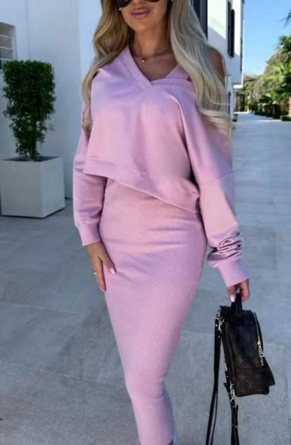 Robe deux pièces femme col V avec pull et jupe mi-longue élégante